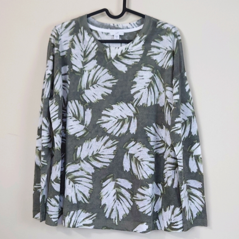 J. Jill Palm Print Linen Blend Lightweight Green Long Sleeves Sweater Petite S
